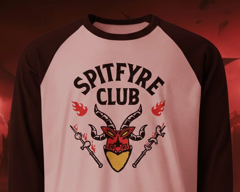 Baseball shirt with 'Spitfyre Club' design on a dark background
